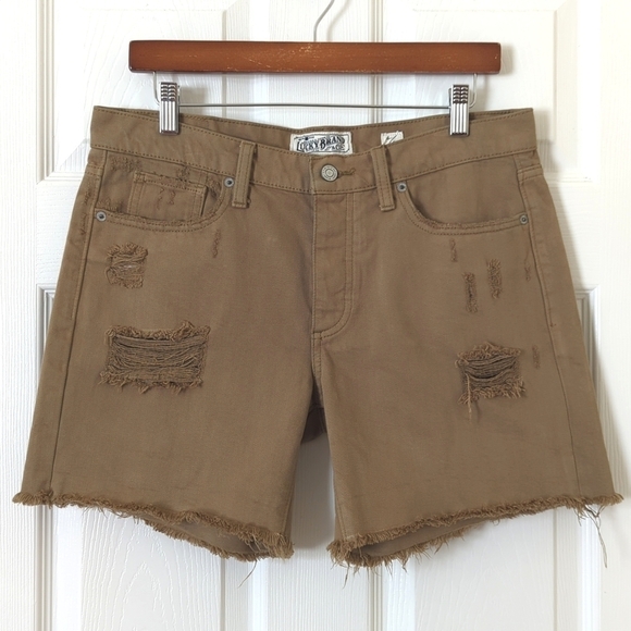 Lucky Brand Distressed Mid Rise Cut Off Button Fly Boyfriend Shorts Brown 4/27 - Picture 1 of 12